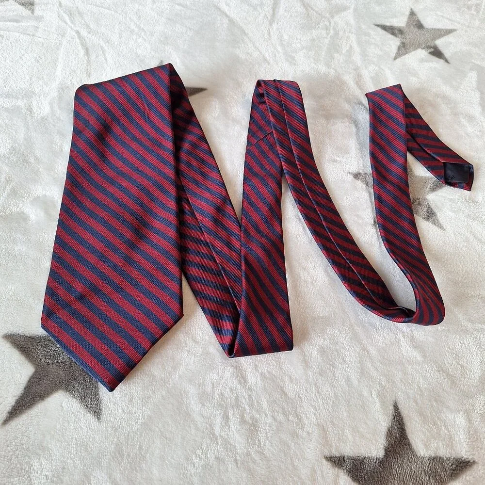 Brooks Basics Men's Tie 100% Silk Burgundy/Blue Stripe Made In USA Necktie